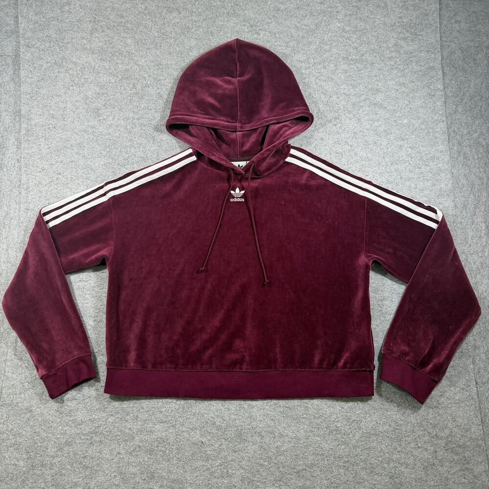 Adidas Trefoil Hoodie Womens S Maroon Velour Cropped Fit Hooded Streetwear